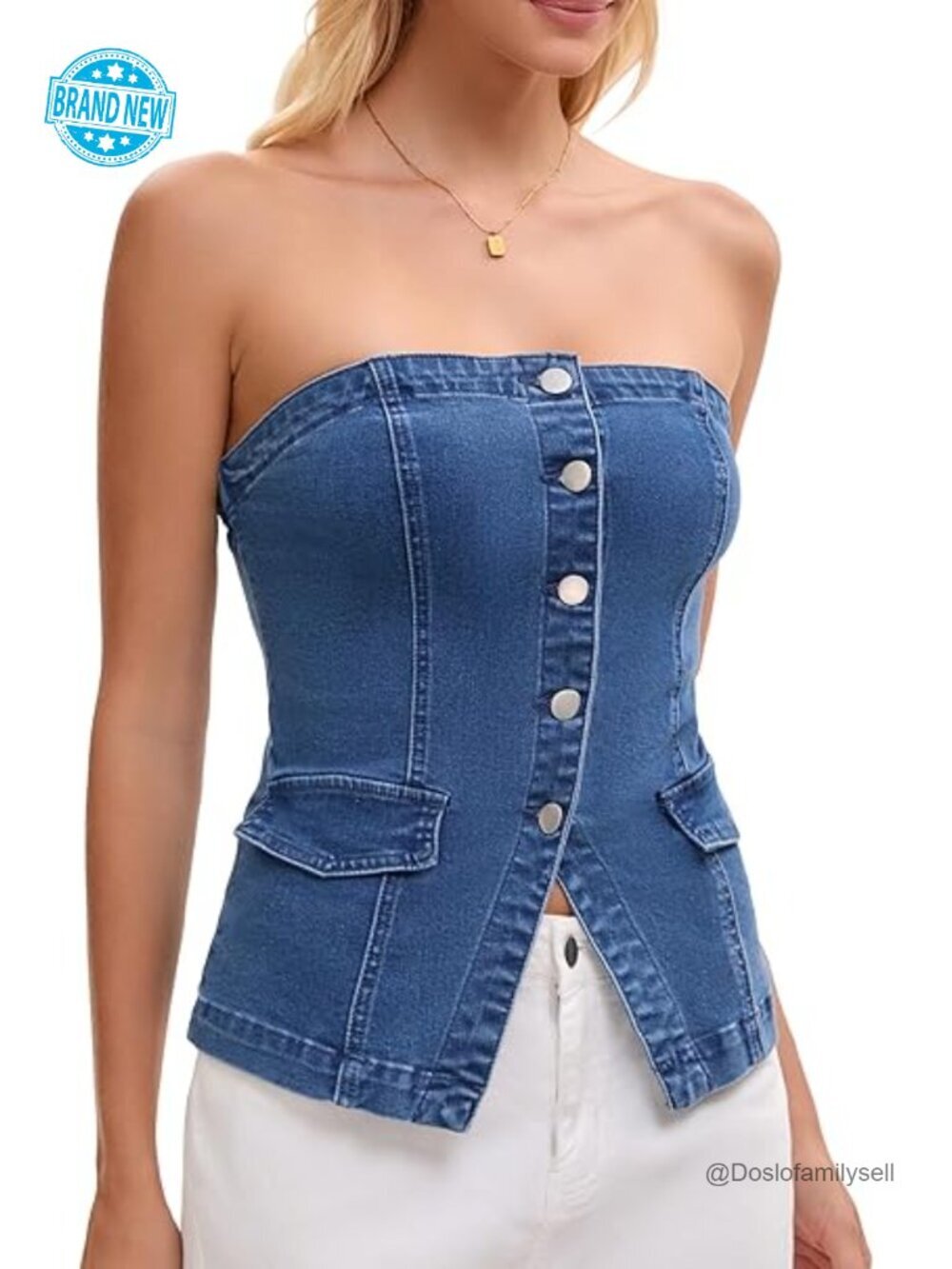 Denim Tube Top Button Front Elastic Back Crop Strapless Bandeau